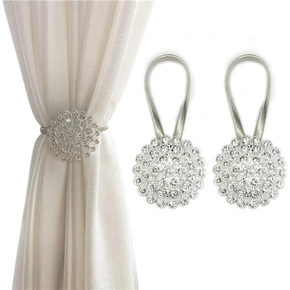 Magnetic Tiebacks for Curtains, 2 Pack Sparkling Crystal Flower Curtain Tiebacks - Picture 1 of 6